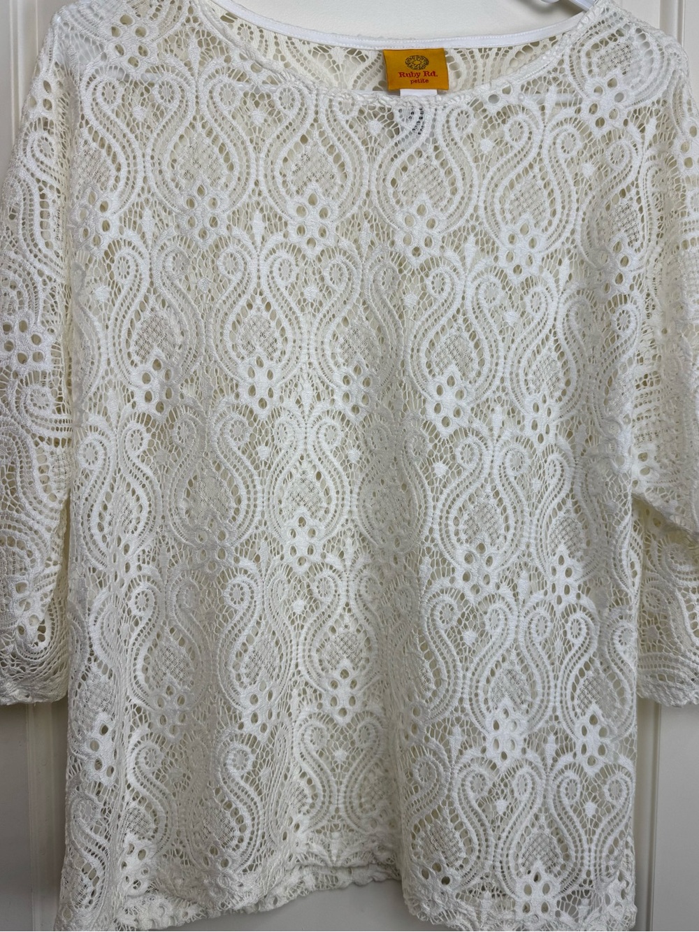 Ruby Rd Petite MP Ivory Lace Paisley Blouse 3/4 Sleeve Romantic Top